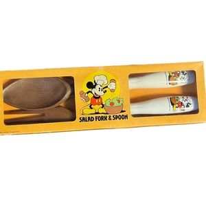 Vintage Disney Mickey Mouse Wood and Ceramic Salad Fork And Spoon Set‎ in Box